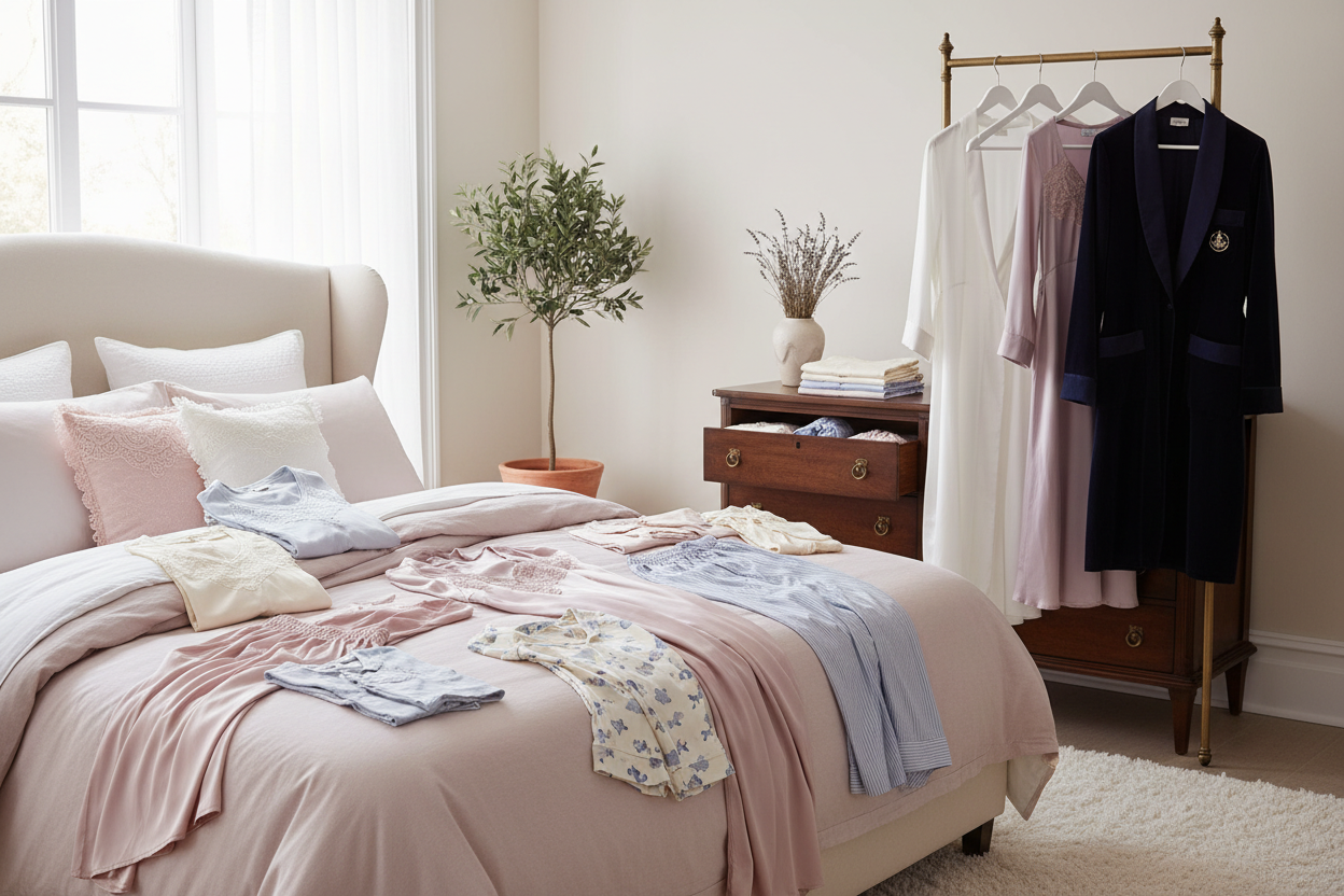 A cozy and elegant home clothing scene showcasing Intimo Lab products: women's, men's, and children's underwear, pajamas, nightgowns, robes, and t-shirts neatly displayed. Soft natural lighting, warm and inviting atmosphere, emphasizing comfort, quality, and elegance of domestic design. Realistic style, soft pastel colors, high-quality textures, focus on fabric softness and craftsmanship.
