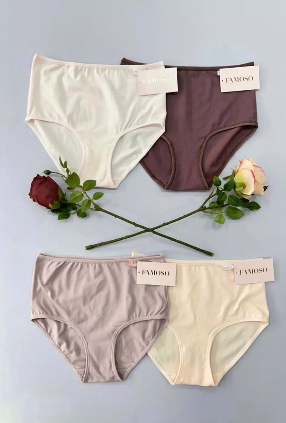 Four pairs of underwear in beige, brown, and pink on a light gray background with flowers.