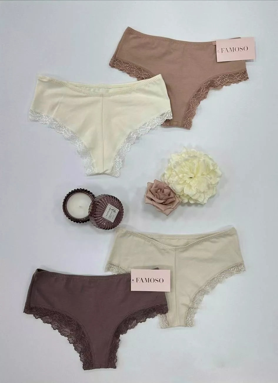 Four pairs of lace-trimmed underwear in beige, brown, and cream on a light gray background with 'Famoso' branding.