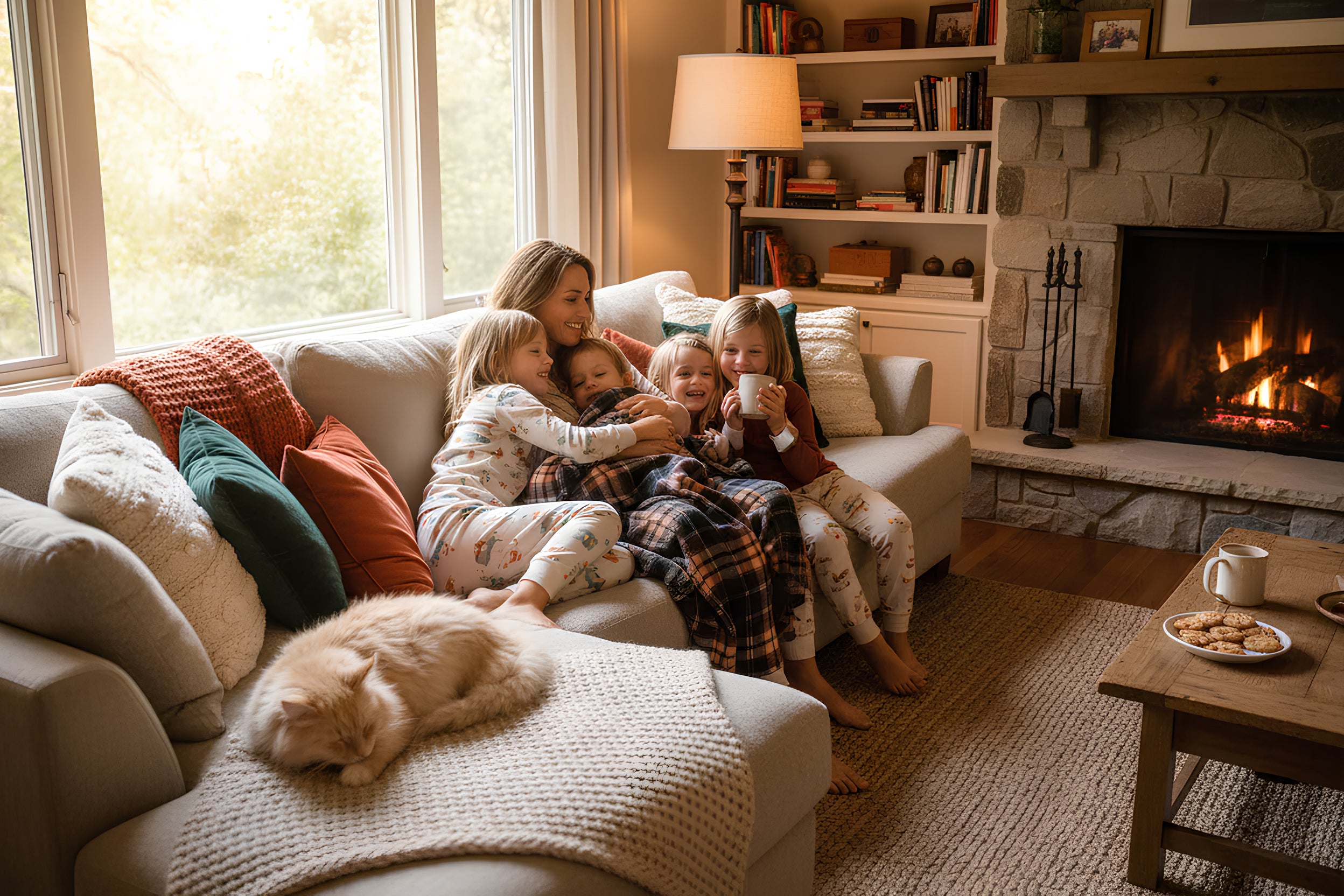 Family of four sitting on a couch in a cozy living room with a fireplace.